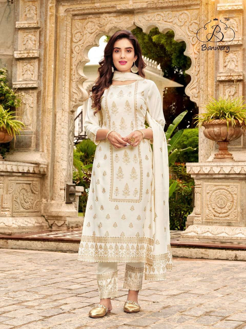 Banwery Launch By Parishi Rayon Foil Prined Exclusive Attractive Look Pakistani Salwar Kameez
