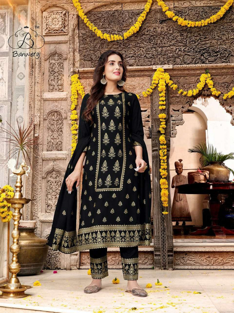 Banwery Launch By Parishi Rayon Foil Prined Exclusive Attractive Look Pakistani Salwar Kameez