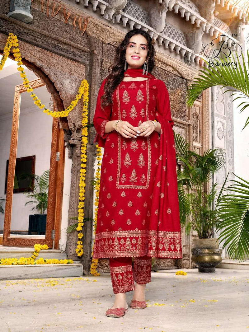 Banwery Launch By Parishi Rayon Foil Prined Exclusive Attractive Look Pakistani Salwar Kameez