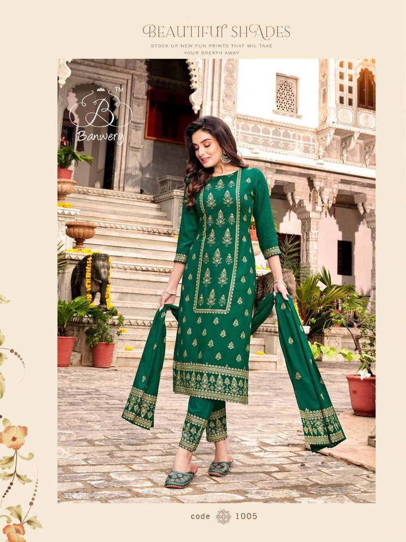 Banwery Launch By Parishi Rayon Foil Prined Exclusive Attractive Look Pakistani Salwar Kameez