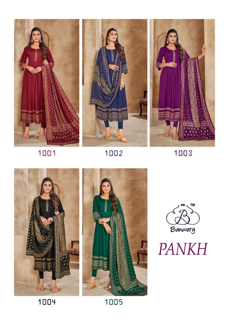 Banwery Present Pankh Rayon Gold Printed Fancy Designer Readymade Long Gown With Heavy Dupatta