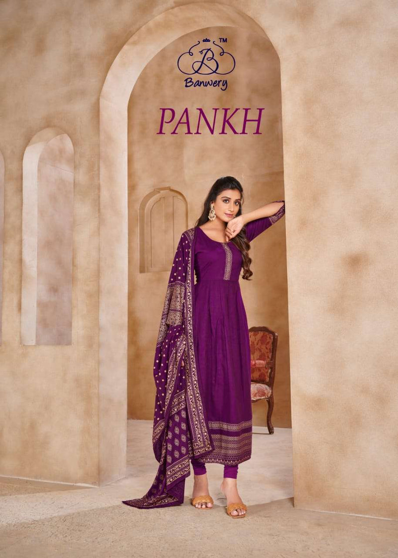 Banwery Present Pankh Rayon Gold Printed Fancy Designer Readymade Long Gown With Heavy Dupatta