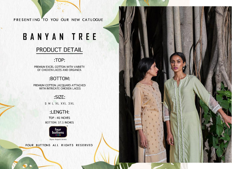 Four Button Banyan Tree Premium Partywear Cotton Kurti With Bottom