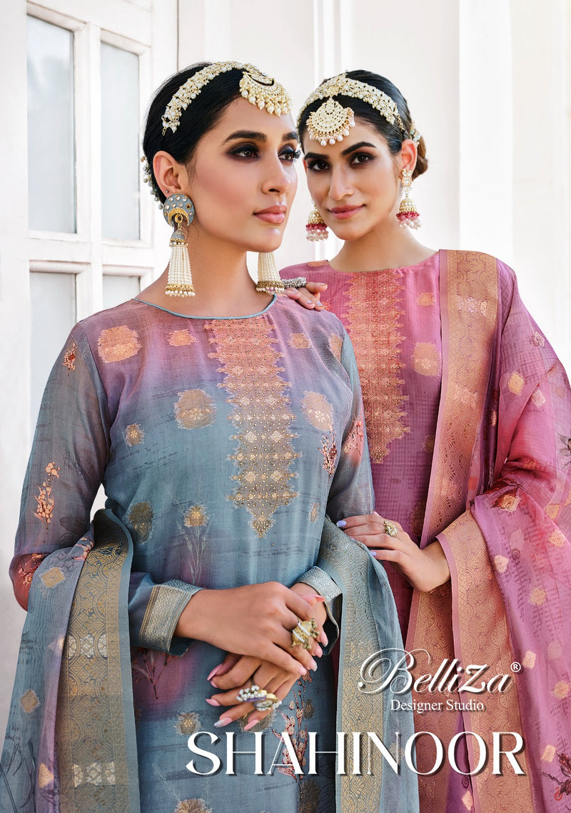 Belliza Designer Studio Shahinoor Pure Organza Jacquard Digital Print Handwork Salwar Suit