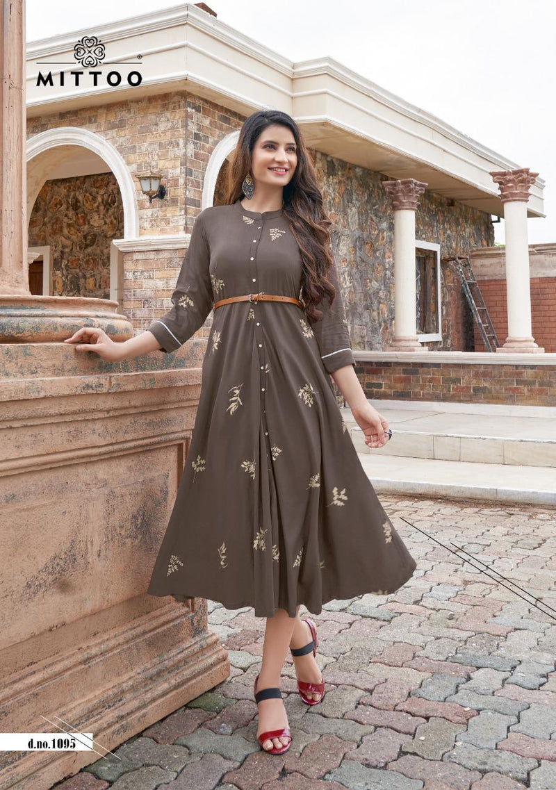 Belt Vol 5 By Mittoo Fashion Rayon Print Exclusive Printed Long Gown Type Fancy Readymade Kurti With Belt