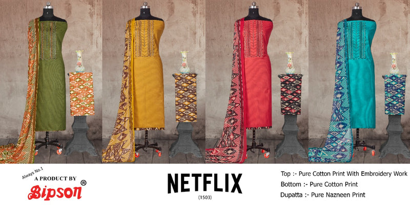 Bipson Fashion Netflix 1503 Cotton Printed Embroidery Work Exclusive Party Wear Salwar Suit