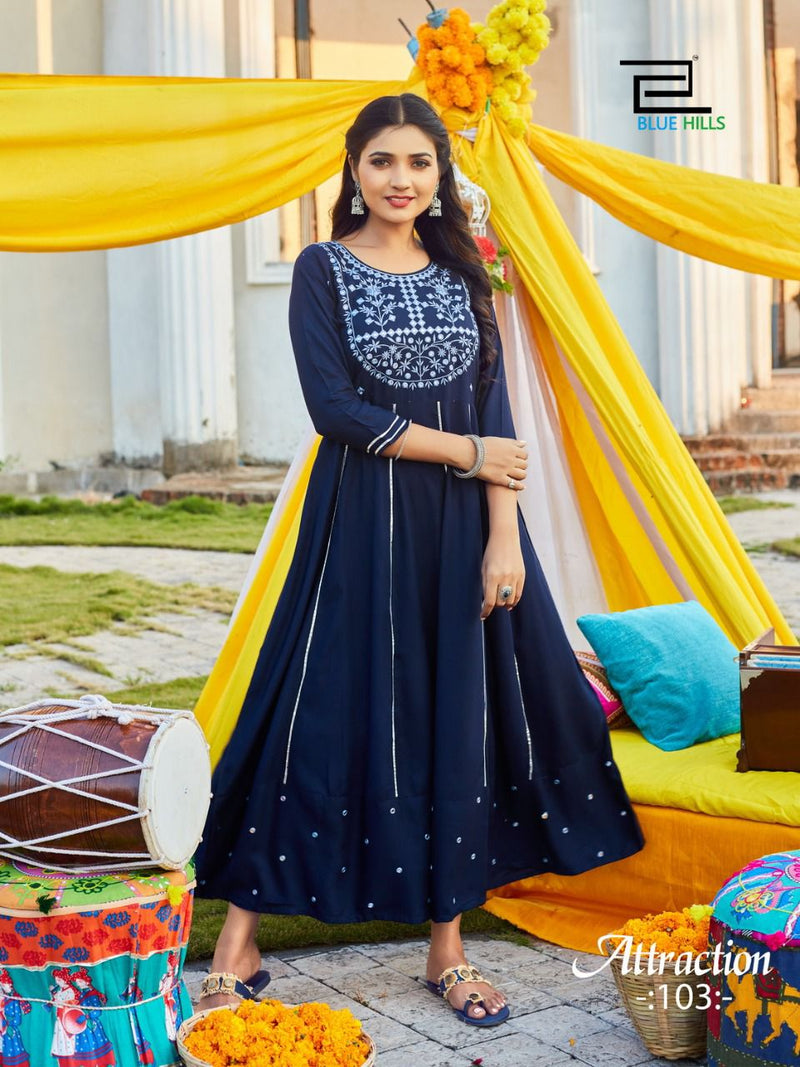 Blue Hills Attraction Vol 1 Pure Rayon Anarkali Classy Mirror Work Gotta Pati Kurti