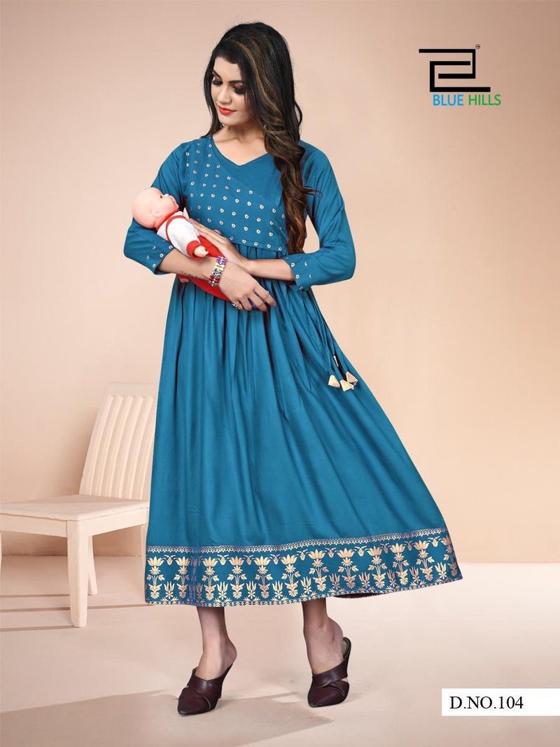 Blue Hills Badhai Ho Vol 1 Rayon Fancy Gown Type Foil Gold Printed Exclusive Look Fancy Readymade  Kurtis