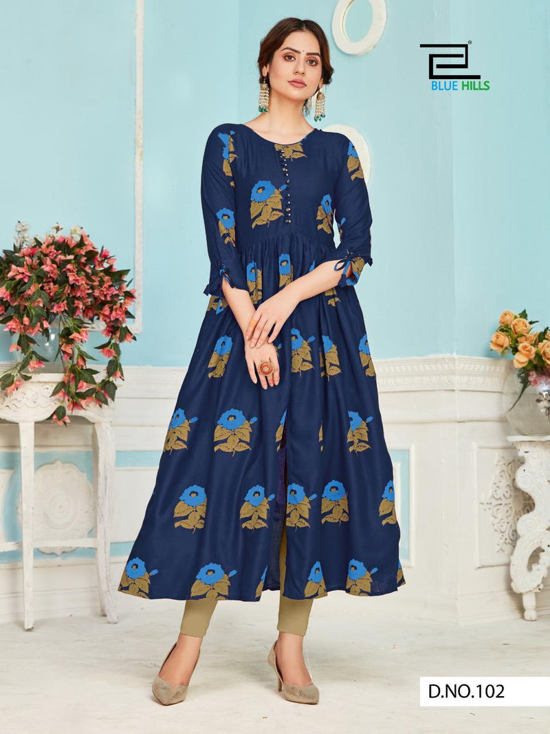 Blue Hills Calender Vol 3 Rayon Fabric Center Cut With Frill Long Gown Style Fancy Readymade Kurtis