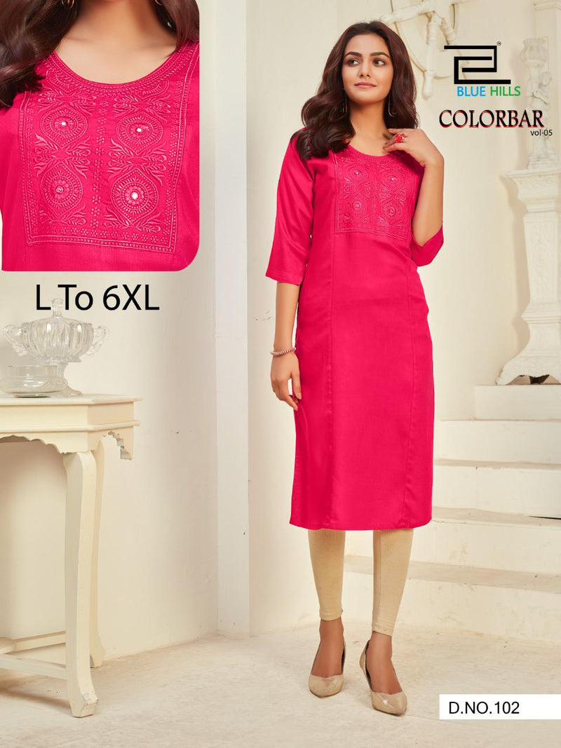 Blue Hills Colorbar Vol 5 Rayon With Embroidery Work Exclusive Readymade Casual Wear Long Kurtis