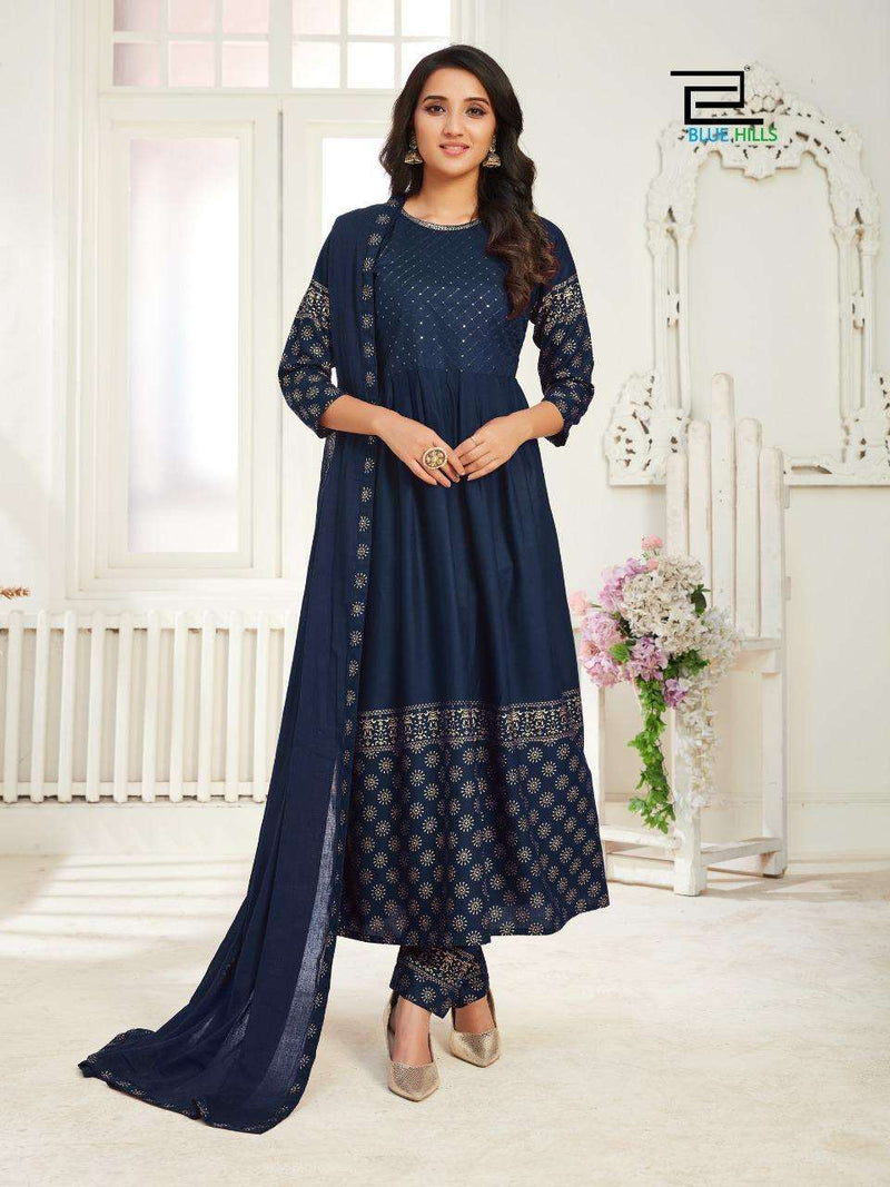 Blue Hills Launch By Dholna Vol 1 Rayon With Foil Printed Designer Long Gown Type Salwar Kameez