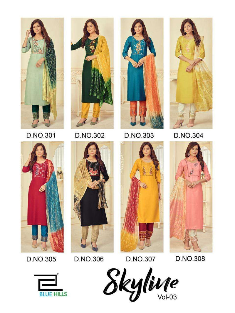 Blue Hills Launch By Skyline Vol 3 Rayon Slub With Embroidery Work Long Straight Exclusive Kurtis