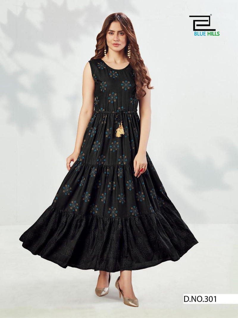 Blue Hills Launch By Sun Shine Vol 3 Rayon Print Exclusive Designer Gown Style Fancy Long Kurtis