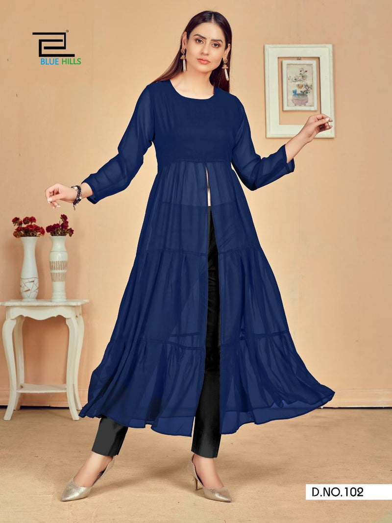 Blue Hills Launch By Tokyo Heavy Georgette Fancy Gown Type Front Cut Exclusive Designer Readymade Kurtis