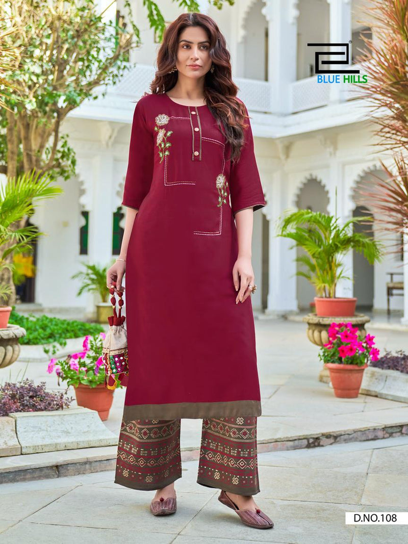 Blue Hills Party Women Rayon Slub With Embroidery Work Kurti With Plazzo