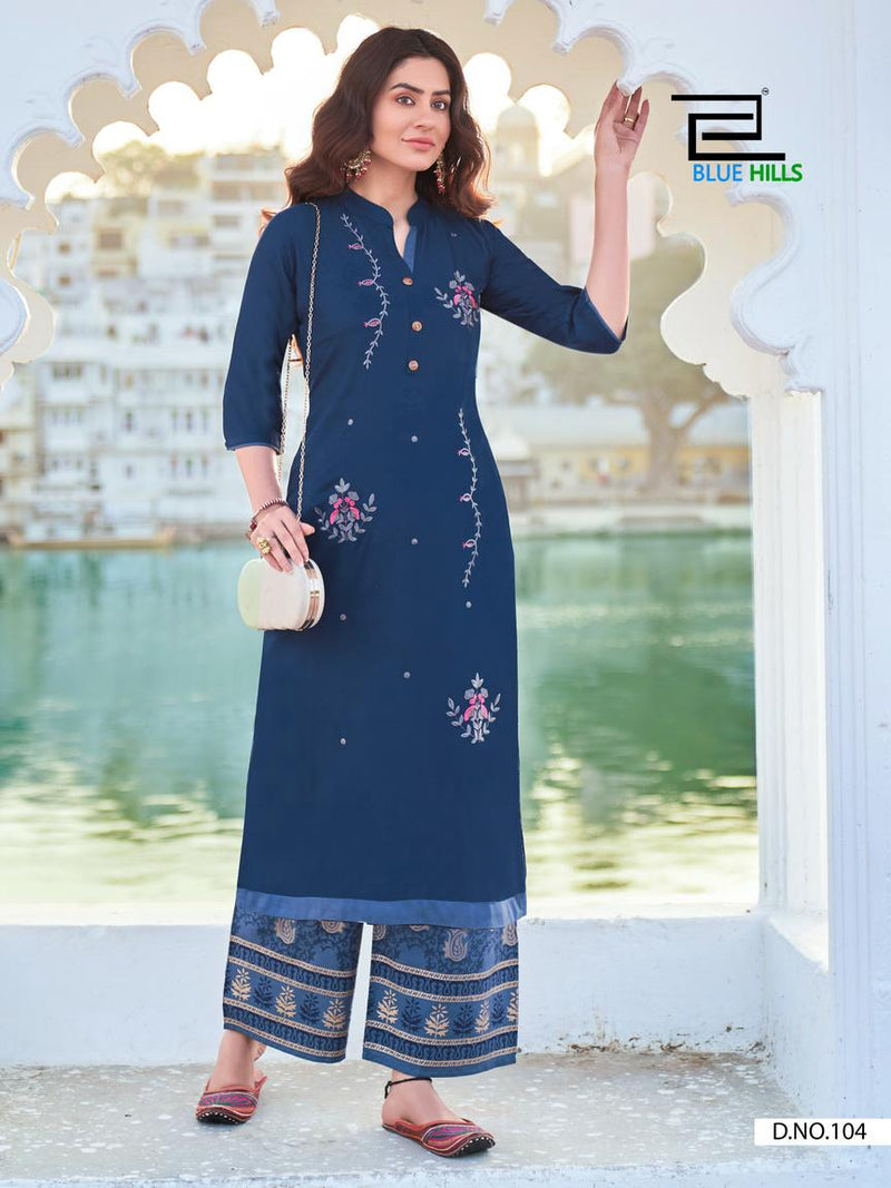 Blue Hills Party Women Rayon Slub With Embroidery Work Kurti With Plazzo
