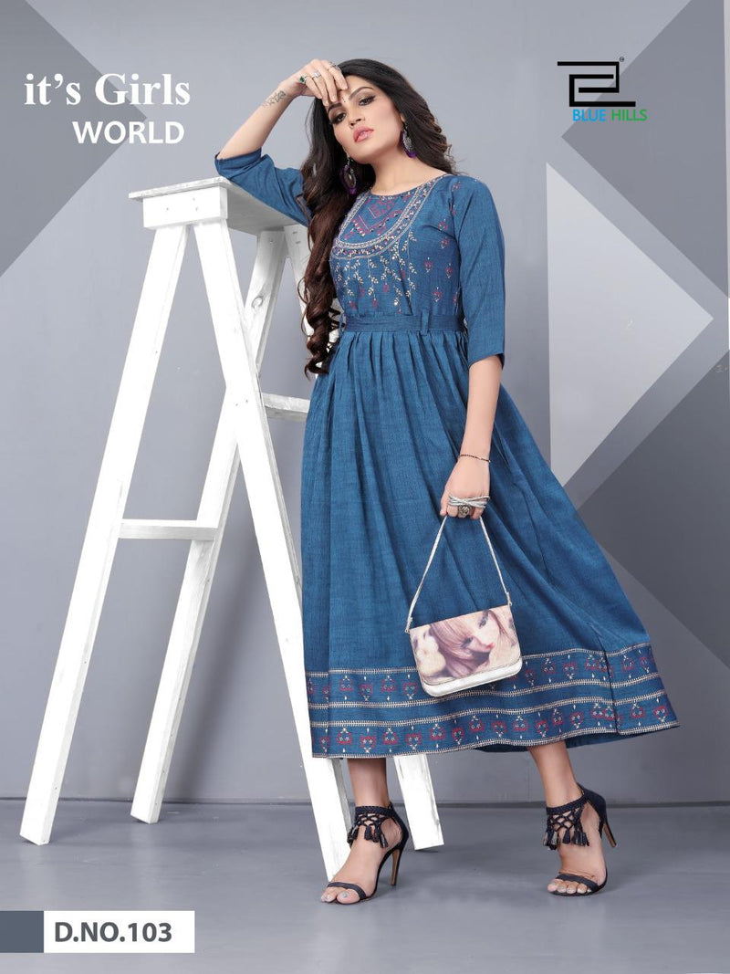 Blue Hills Presents By Shivi Rayon Print Fancy Long Gown Type Designer Readymade Kurtis