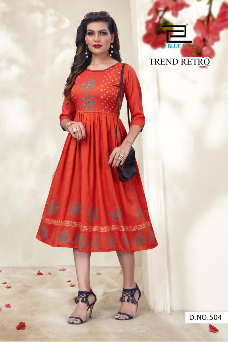 Blue Hills Trend Retro Vol 3 Rayon Frill Type Long Fancy Exclusive Look Casual Wear Kurtis