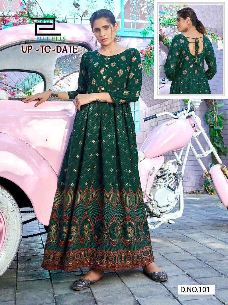Blue Hills Up To Date Rayon With Handwork Printed Gown Type Kurtis