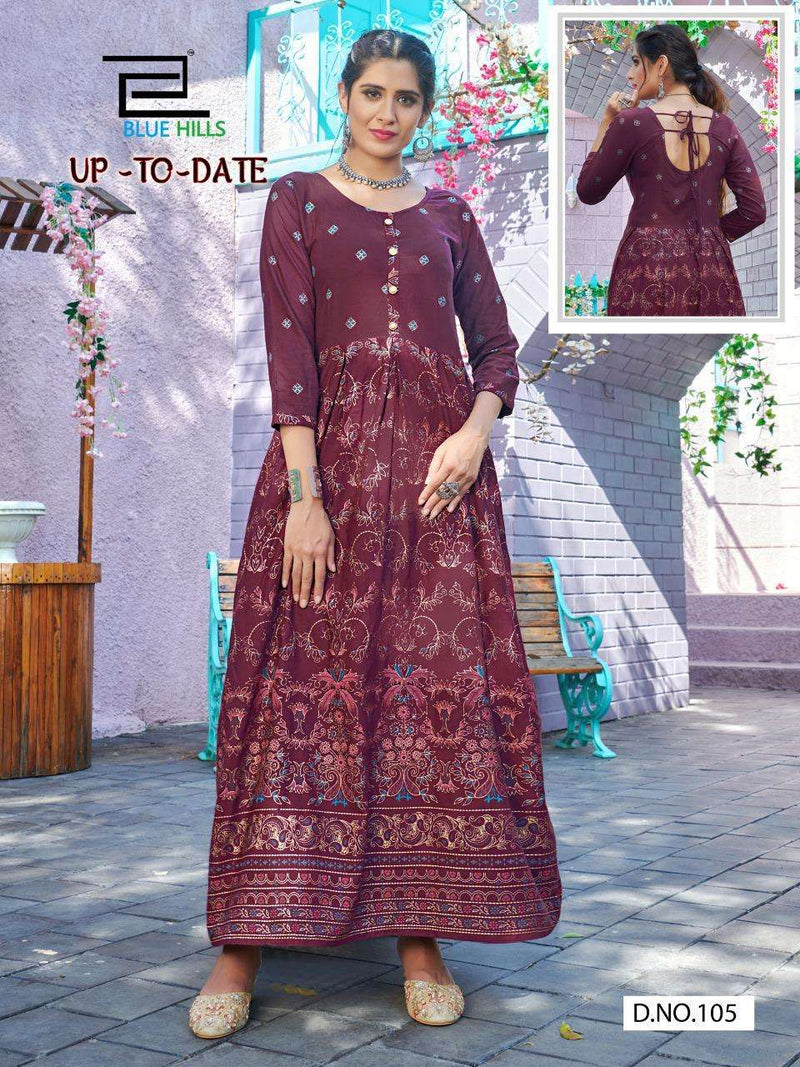 Blue Hills Up To Date Rayon With Handwork Printed Gown Type Kurtis