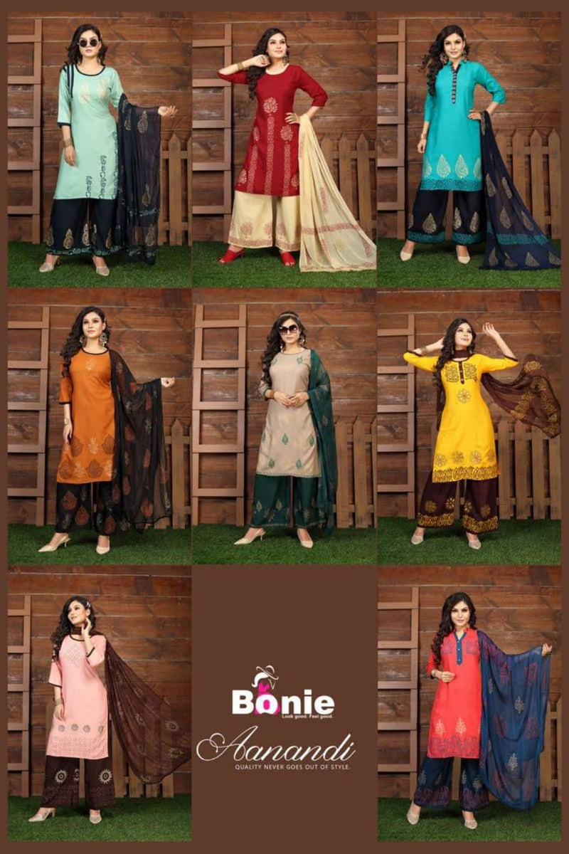 Bonie Aanandi Vol 1 Heavy Rayon Fancy Designer Printed Readymade Casual Wear Kurtis With Plazzo