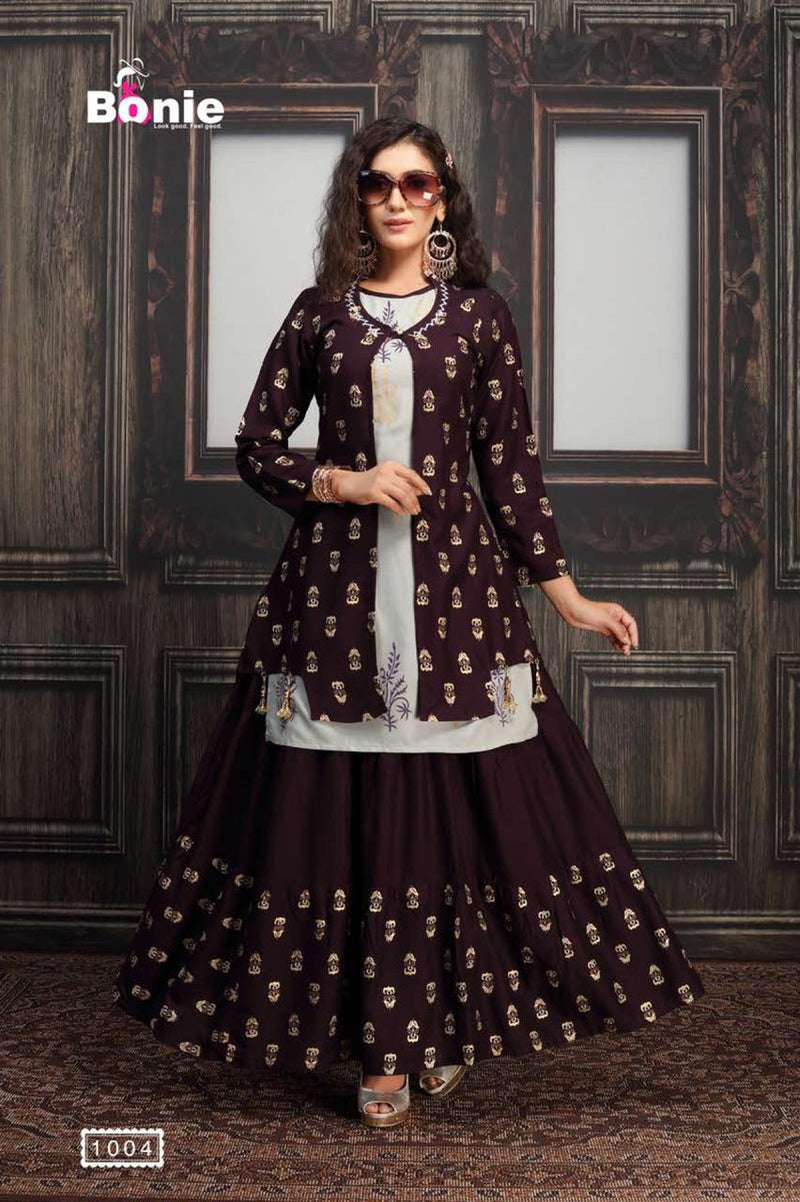 All Womens Rayon Golden Printed Pattern Anarkali Kurti With Jacket at Best  Price in Ahmedabad | Kd Creation