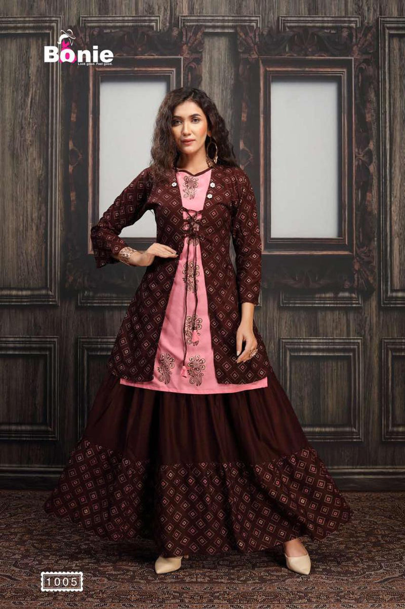 Bonie Presents By Jacket House Fancy Rayon With Gold Printed Casual Wear Fancy Kurti Jacket With Skirt
