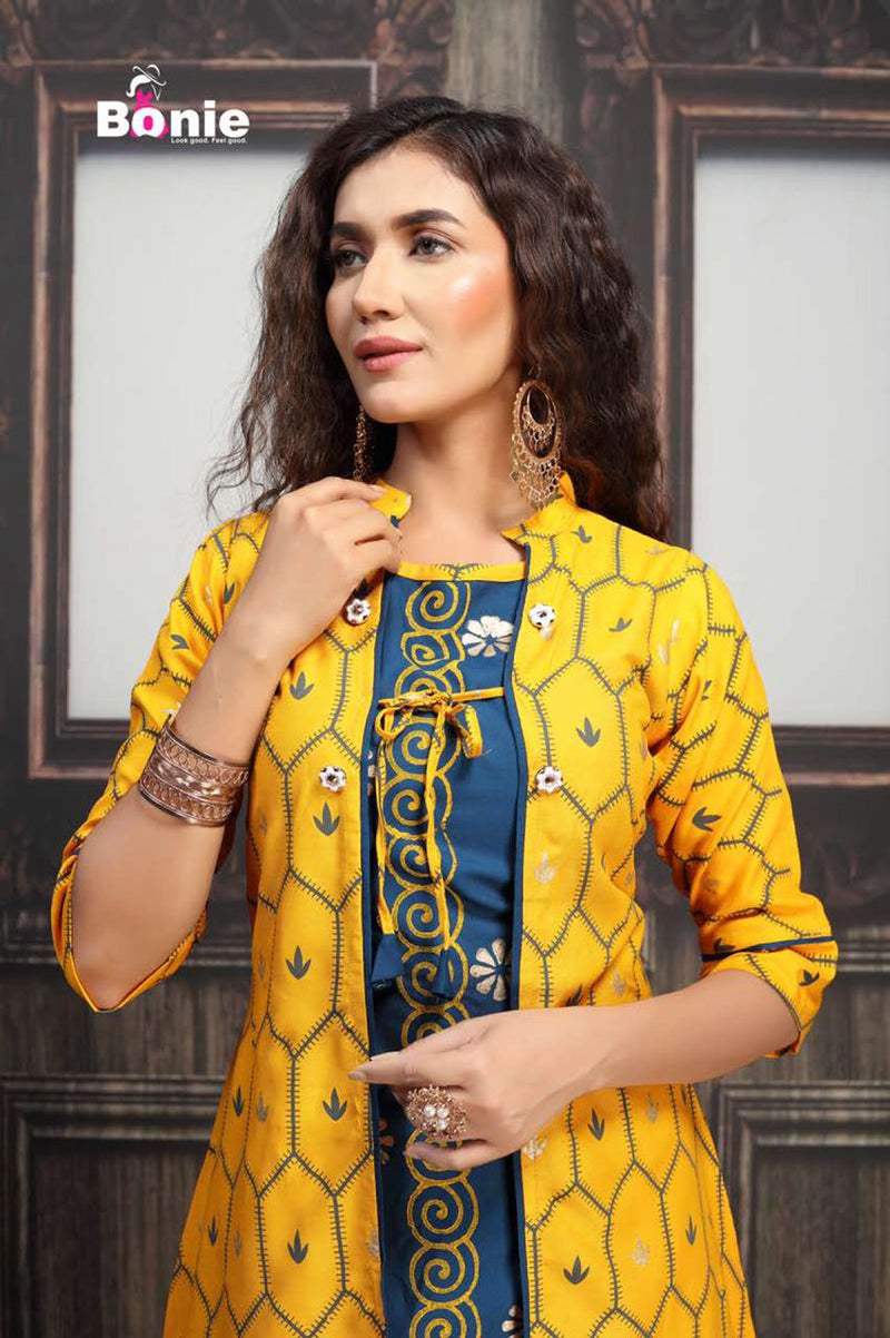 Bonie Presents By Jacket House Fancy Rayon With Gold Printed Casual Wear Fancy Kurti Jacket With Skirt