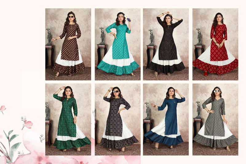Bonie Presents Cocktail Rayon With Heavy Gold Foil Printed Long Gown Style Casual Wear Kurti With Skirts