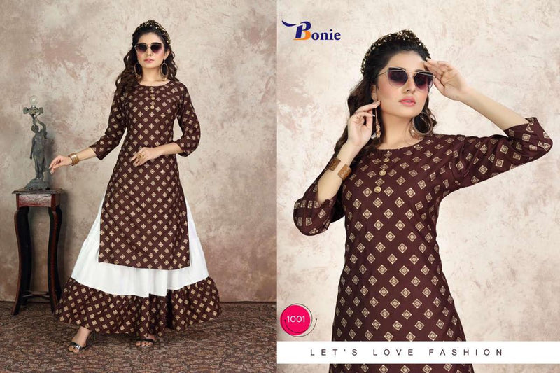 Bonie Presents Cocktail Rayon With Heavy Gold Foil Printed Long Gown Style Casual Wear Kurti With Skirts