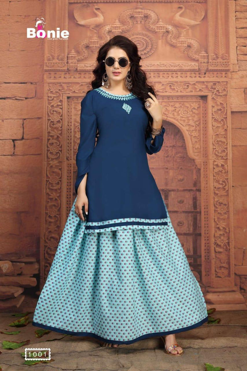 Bonie Sehnaz Heavy Rayon Printed With Hand Work Fancy Designer Casual Wear Kurtis With Skirts
