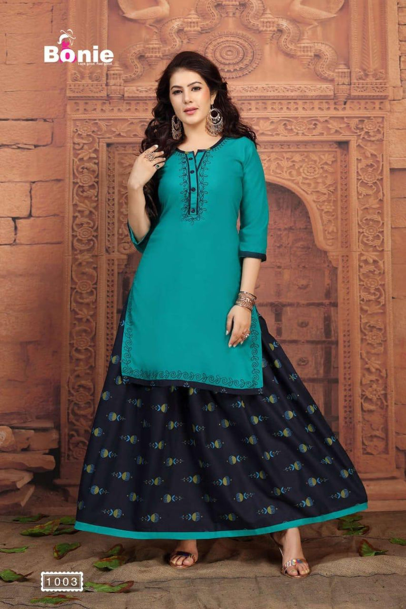 Bonie Sehnaz Heavy Rayon Printed With Hand Work Fancy Designer Casual Wear Kurtis With Skirts