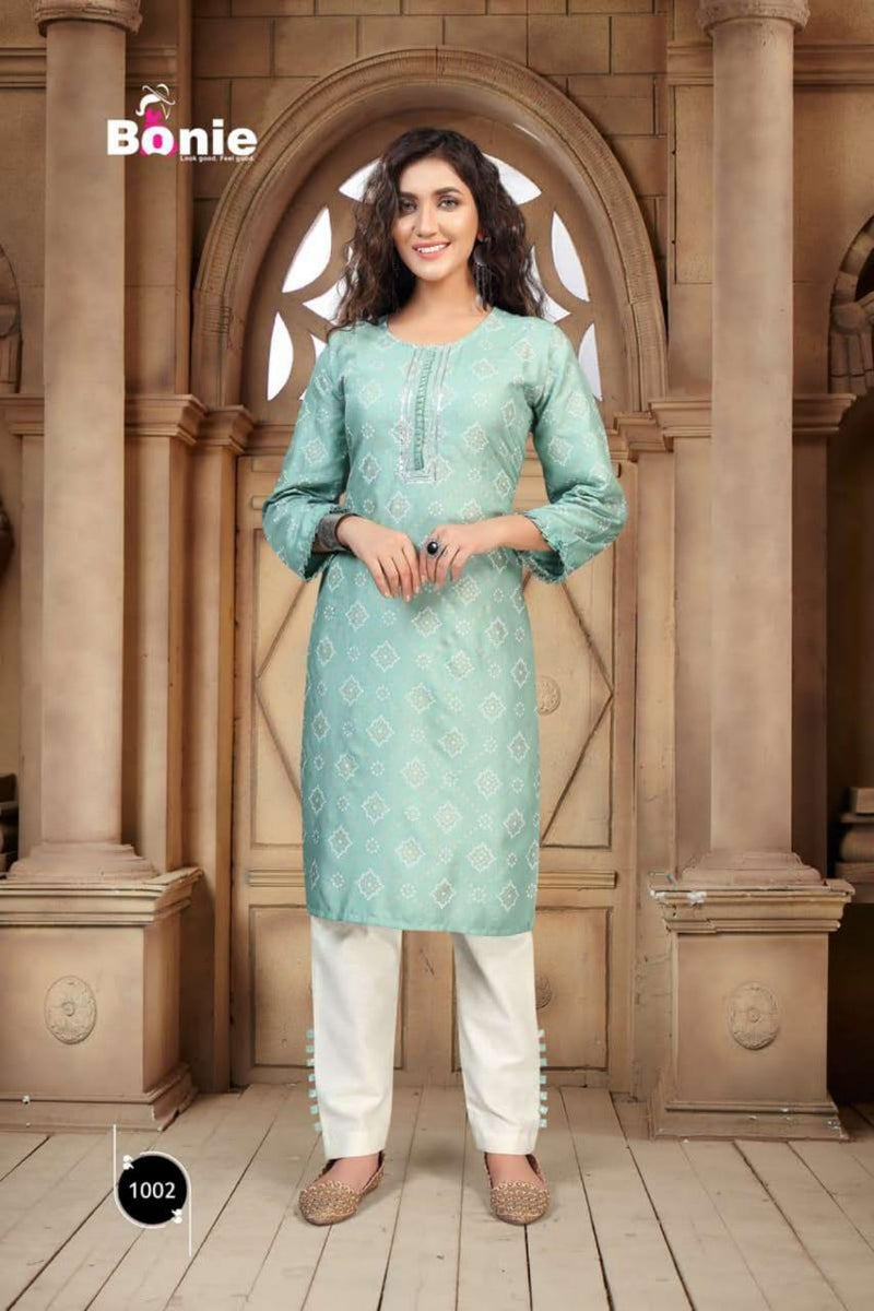 Bonie Tanvi Heavy Rayon Printed Gorgeouse Look Fancy Casual Wear Kurtis With Pants