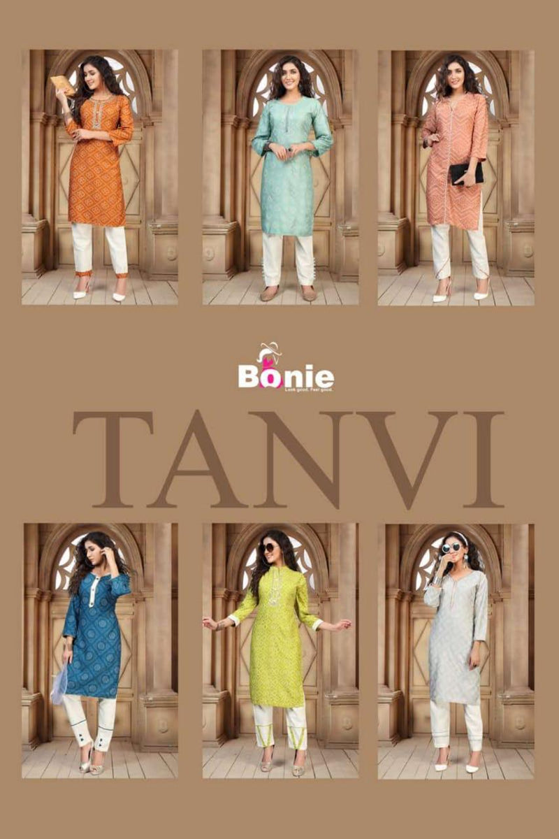 Bonie Tanvi Heavy Rayon Printed Gorgeouse Look Fancy Casual Wear Kurtis With Pants