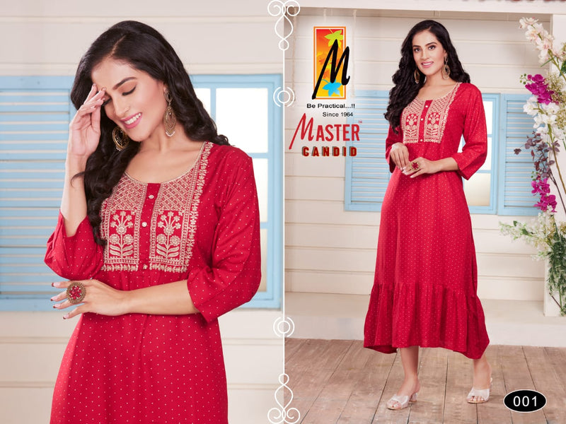 Master Candid Rayon Ghera With Fancy Work Stylish Party Wear Kurtis