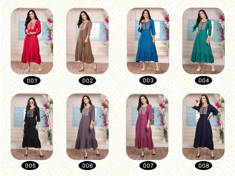 Master Candid Rayon Ghera With Fancy Work Stylish Party Wear Kurtis