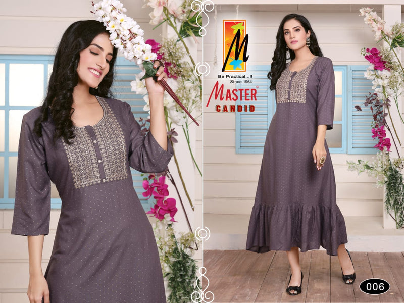 Master Candid Rayon Ghera With Fancy Work Stylish Party Wear Kurtis