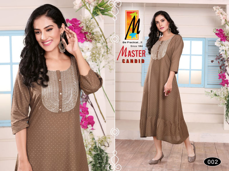 Master Candid Rayon Ghera With Fancy Work Stylish Party Wear Kurtis