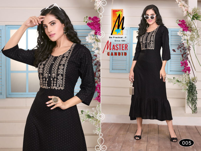 Master Candid Rayon Ghera With Fancy Work Stylish Party Wear Kurtis