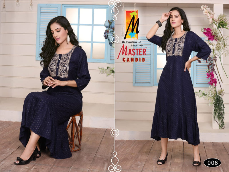 Master Candid Rayon Ghera With Fancy Work Stylish Party Wear Kurtis