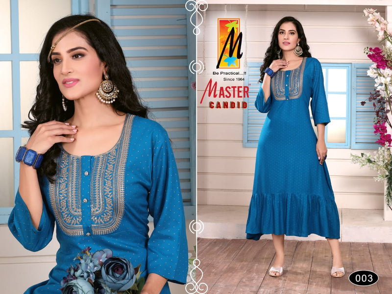 Master Candid Rayon Ghera With Fancy Work Stylish Party Wear Kurtis