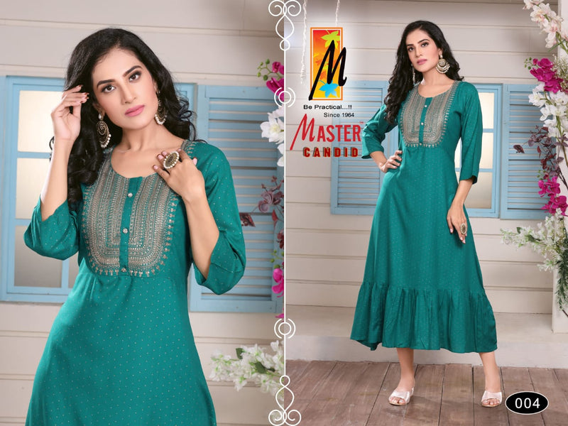 Master Candid Rayon Ghera With Fancy Work Stylish Party Wear Kurtis