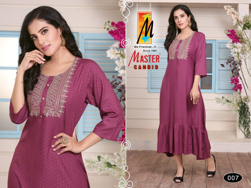 Master Candid Rayon Ghera With Fancy Work Stylish Party Wear Kurtis