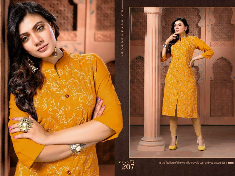 MF Canvas Vol 2 Rayon Fancy Embroidered Festive Wear Kurtis