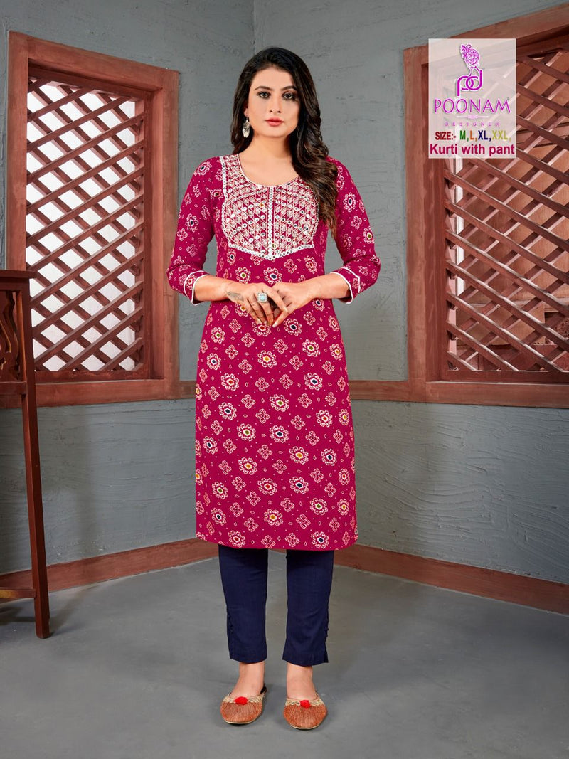Poonam Designer Chahat Vol 2 Rayon Designer Fancy Party Wear Embroidered Kurtis With Mirror Work & Pant Style Bottom