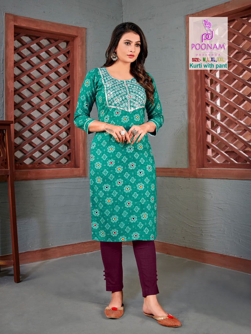 Poonam Designer Chahat Vol 2 Rayon Designer Fancy Party Wear Embroidered Kurtis With Mirror Work & Pant Style Bottom