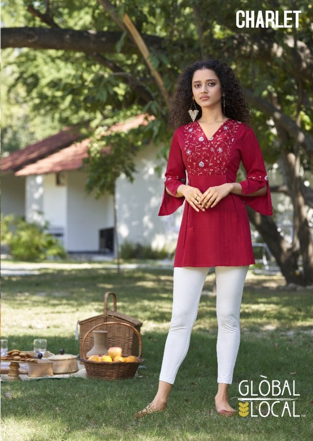 Global Local Charlet Rayon Top Style Fancy Stylish Party Wear Kurtis