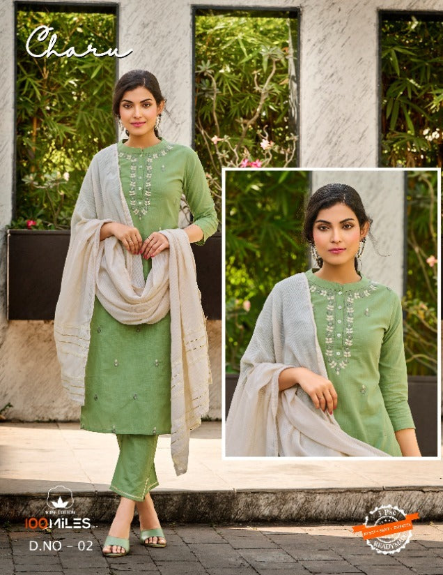 100 Miles Charu Linen Cotton Designer Party Wear Kurtis With Embroidery