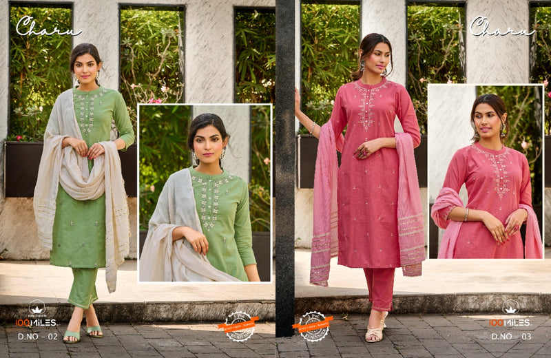 100 Miles Charu Linen Cotton Designer Party Wear Kurtis With Embroidery