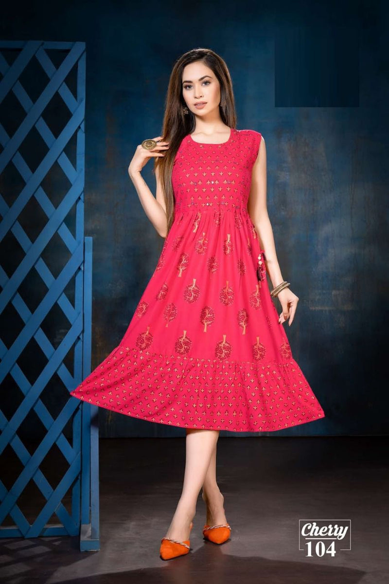 Beauty Queen Cherry Rayon With Fancy Wear Stylish Designer Party Wear Casual Look Kurti